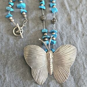 Sterling Silver Butterfly Pendant Necklace with Turquoise Beads Southwestern